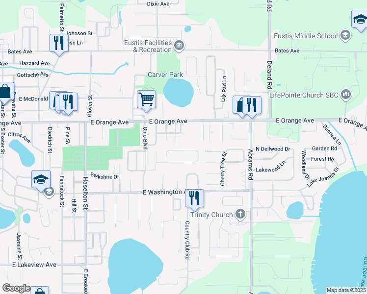 map of restaurants, bars, coffee shops, grocery stores, and more near 2330 Sandridge Circle in Eustis