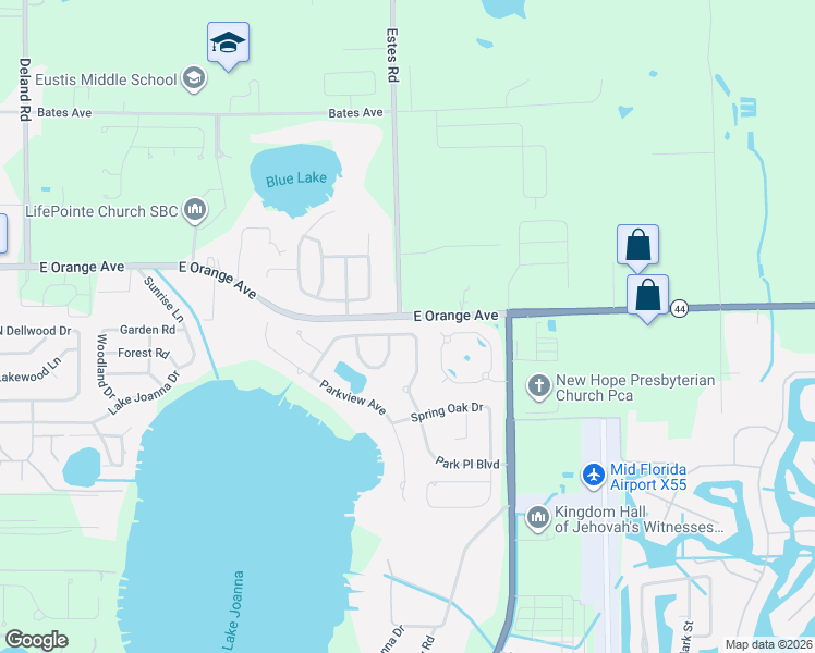 map of restaurants, bars, coffee shops, grocery stores, and more near 19107 Park Place Boulevard in Eustis