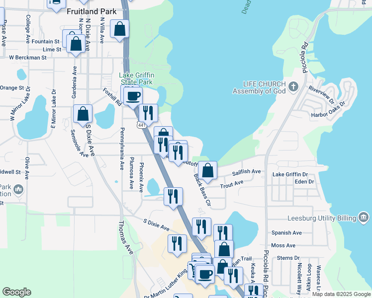 map of restaurants, bars, coffee shops, grocery stores, and more near 701 Village Court in Fruitland Park