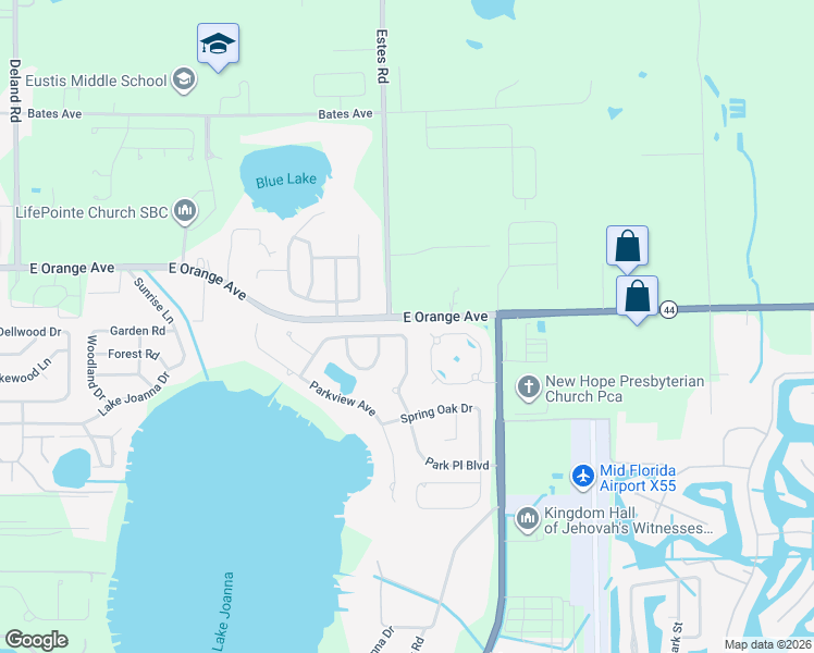 map of restaurants, bars, coffee shops, grocery stores, and more near 19107 Park Place Boulevard in Eustis