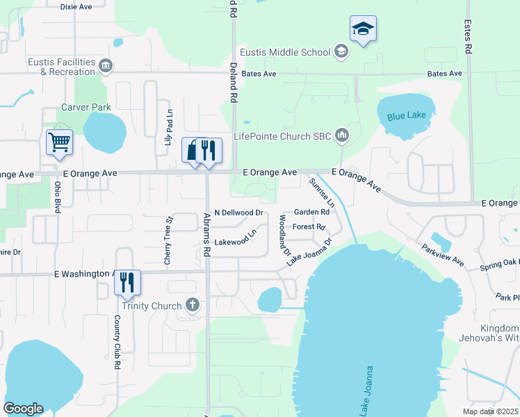 map of restaurants, bars, coffee shops, grocery stores, and more near 2727 North Dellwood Drive in Eustis