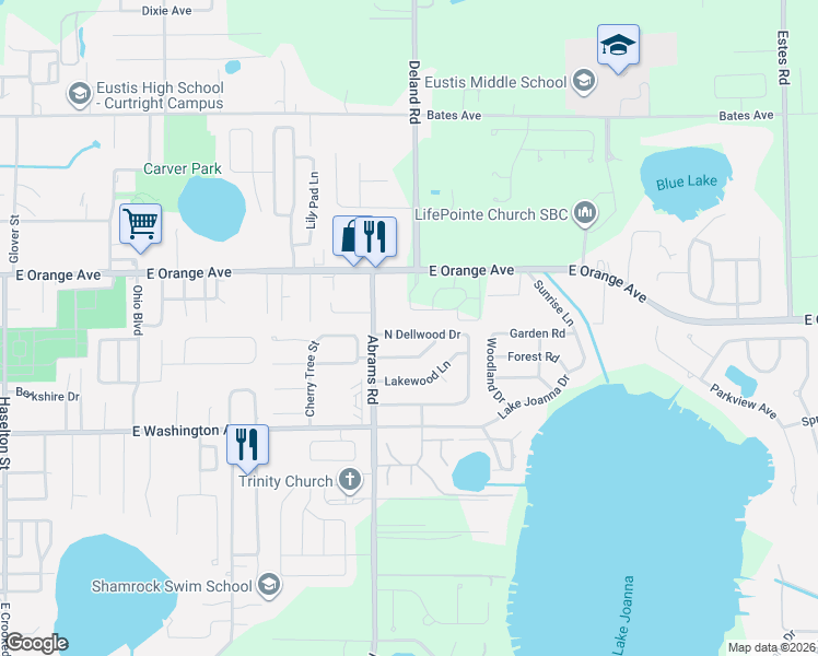 map of restaurants, bars, coffee shops, grocery stores, and more near 2717 North Dellwood Drive in Eustis