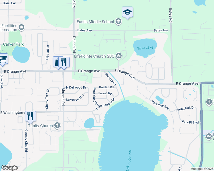 map of restaurants, bars, coffee shops, grocery stores, and more near 3007 Garden Road in Eustis