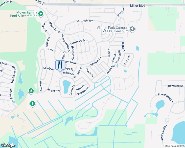 map of restaurants, bars, coffee shops, grocery stores, and more near 3387 Harris Court in The Villages