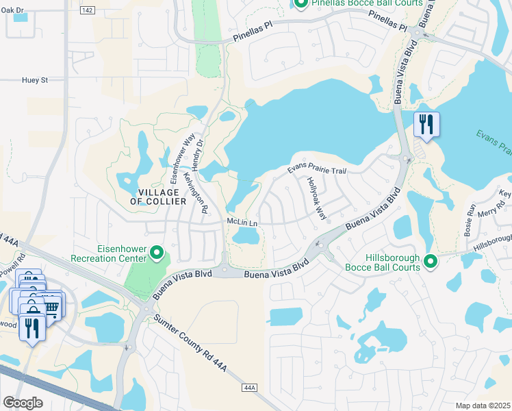 map of restaurants, bars, coffee shops, grocery stores, and more near 2213 Evans Prairie Trail in The Villages