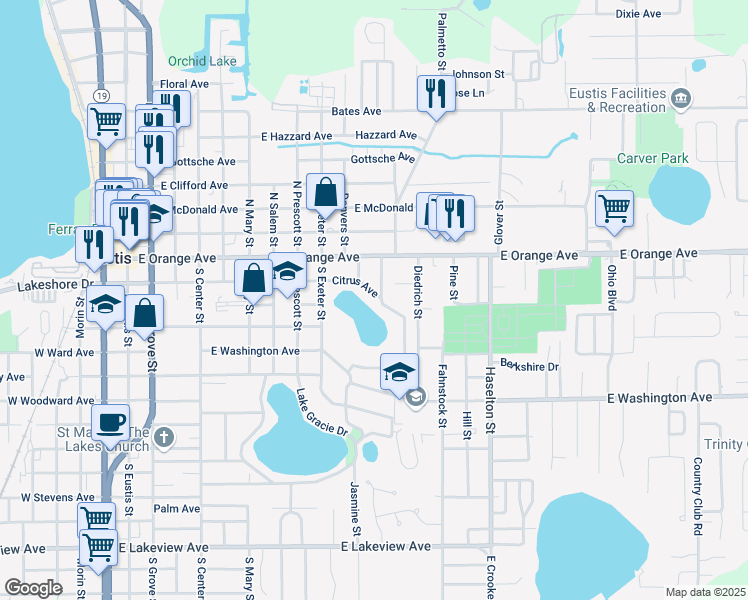 map of restaurants, bars, coffee shops, grocery stores, and more near 106 Morningview Drive in Eustis