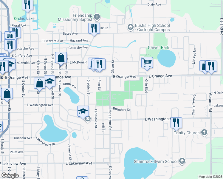 map of restaurants, bars, coffee shops, grocery stores, and more near 121 Haselton Street in Eustis