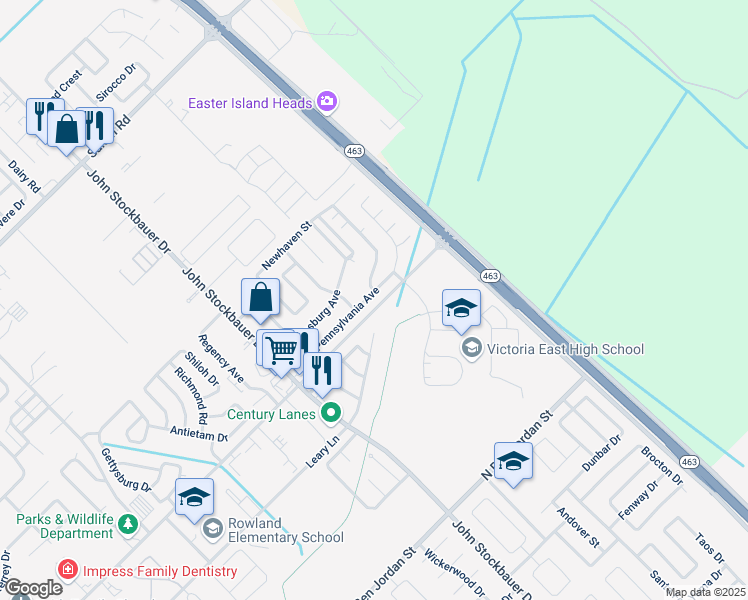 map of restaurants, bars, coffee shops, grocery stores, and more near 1103 Pennsylvania Avenue in Victoria