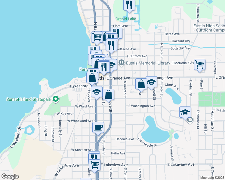 map of restaurants, bars, coffee shops, grocery stores, and more near 119 South Grove Street in Eustis