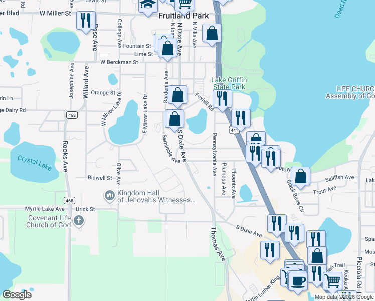 map of restaurants, bars, coffee shops, grocery stores, and more near 103 Forest Street in Fruitland Park