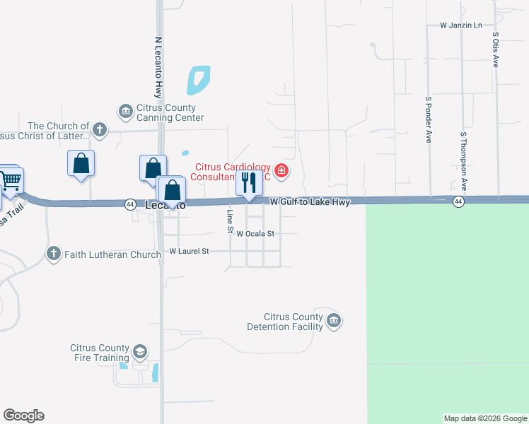 map of restaurants, bars, coffee shops, grocery stores, and more near 2890 West Church Lane in Lecanto