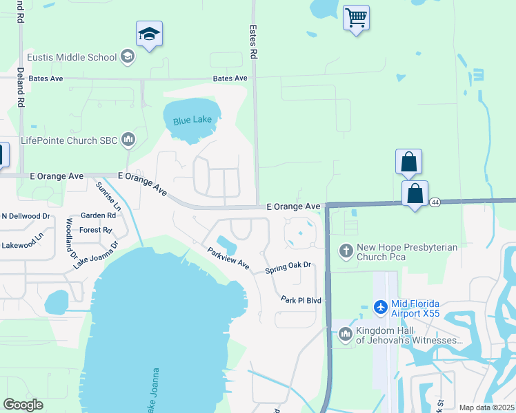 map of restaurants, bars, coffee shops, grocery stores, and more near 34500 Estes Road in Eustis