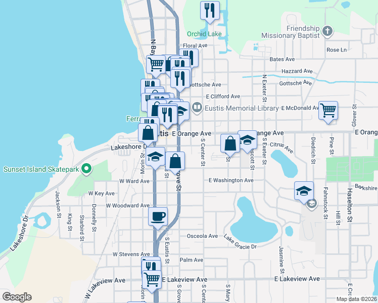 map of restaurants, bars, coffee shops, grocery stores, and more near 4 Dewitt Court in Eustis