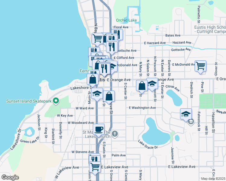 map of restaurants, bars, coffee shops, grocery stores, and more near 113 South Grove Street in Eustis