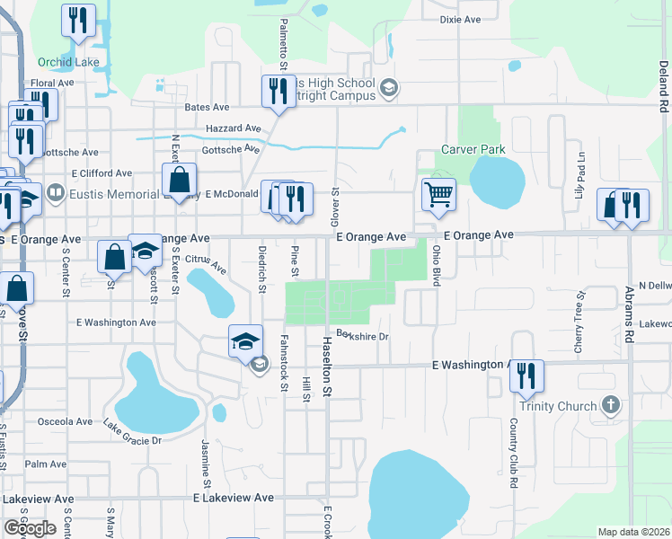 map of restaurants, bars, coffee shops, grocery stores, and more near 1610 Williams Avenue in Eustis