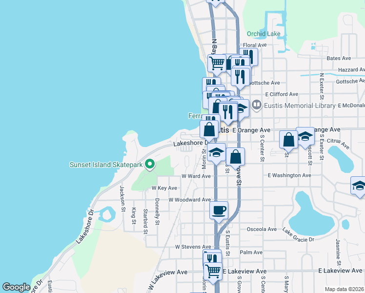 map of restaurants, bars, coffee shops, grocery stores, and more near 213 Sharps Circle in Eustis