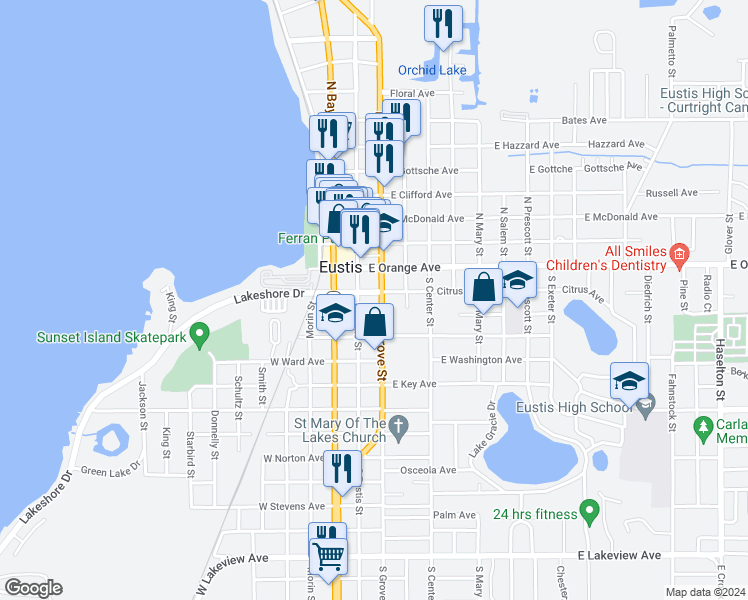 map of restaurants, bars, coffee shops, grocery stores, and more near 200 South Grove Street in Eustis