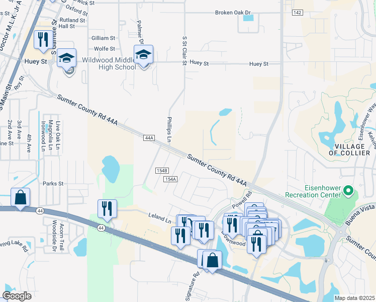 map of restaurants, bars, coffee shops, grocery stores, and more near 3518 County Road 44A in Wildwood
