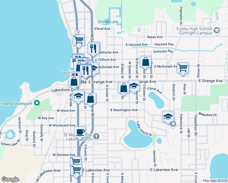 map of restaurants, bars, coffee shops, grocery stores, and more near 201 South Center Street in Eustis