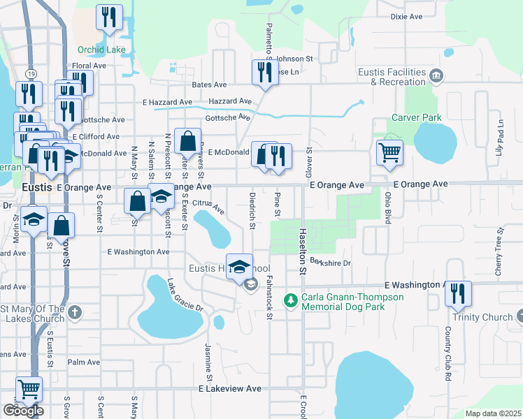map of restaurants, bars, coffee shops, grocery stores, and more near 117 Diedrich Street in Eustis