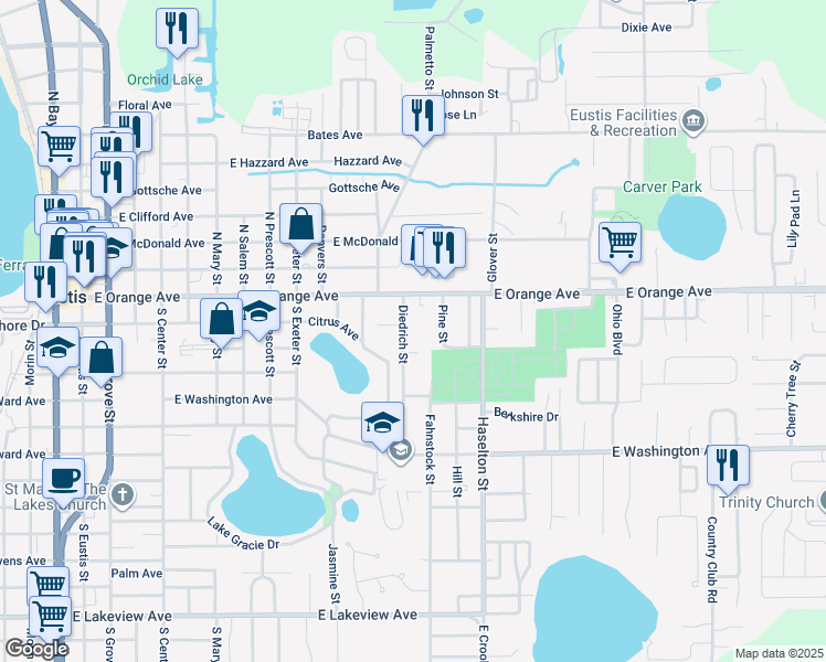 map of restaurants, bars, coffee shops, grocery stores, and more near 117 Diedrich Street in Eustis