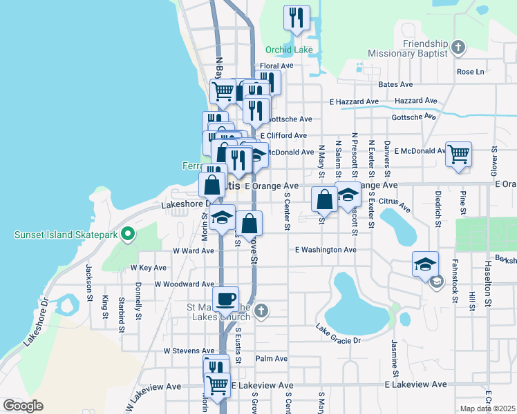 map of restaurants, bars, coffee shops, grocery stores, and more near 200 South Grove Street in Eustis