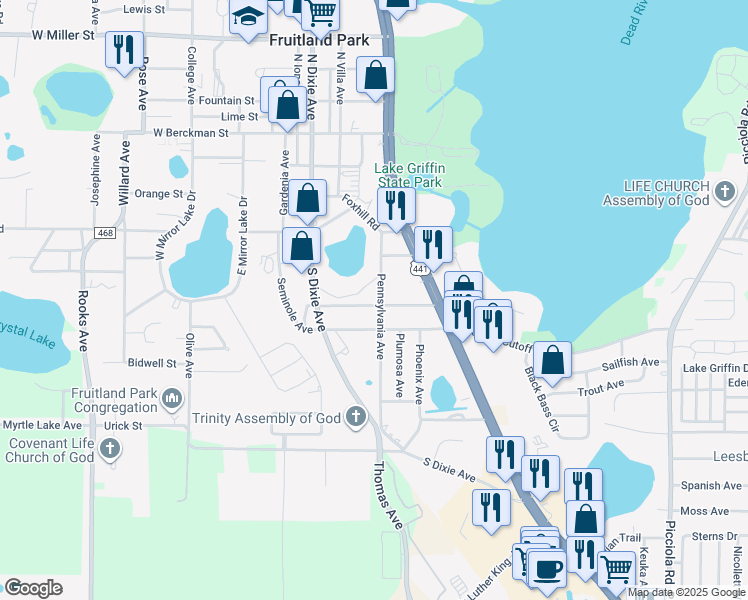 map of restaurants, bars, coffee shops, grocery stores, and more near 205 Forest Street in Fruitland Park