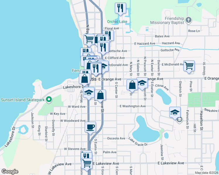 map of restaurants, bars, coffee shops, grocery stores, and more near 4 Dewitt Court in Eustis