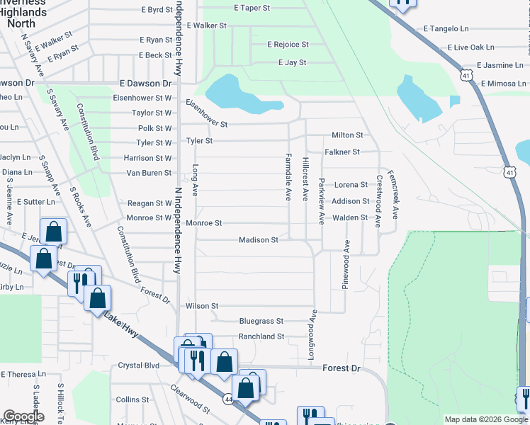 map of restaurants, bars, coffee shops, grocery stores, and more near 2313 Monroe Street in Inverness