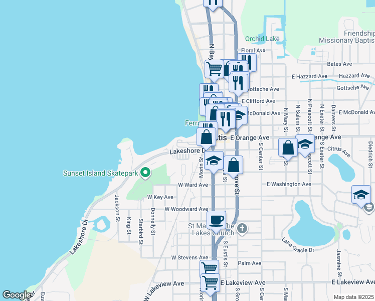 map of restaurants, bars, coffee shops, grocery stores, and more near 6 Sharps Circle in Eustis