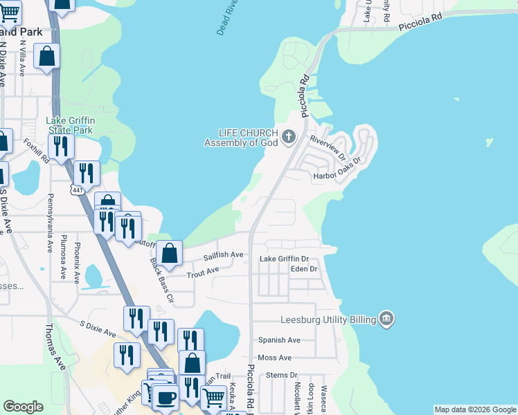 map of restaurants, bars, coffee shops, grocery stores, and more near 1310 Wood Duck Lane in Fruitland Park