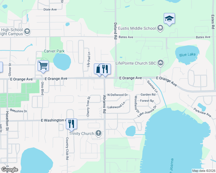 map of restaurants, bars, coffee shops, grocery stores, and more near 2760 County Road 44 in Eustis