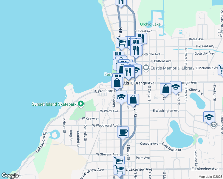 map of restaurants, bars, coffee shops, grocery stores, and more near 6 Sharps Circle in Eustis
