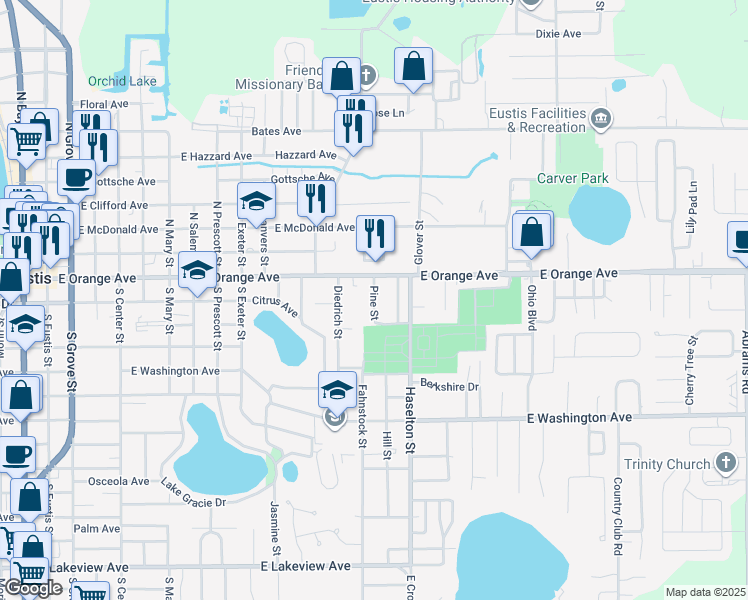 map of restaurants, bars, coffee shops, grocery stores, and more near Pine Street in Eustis
