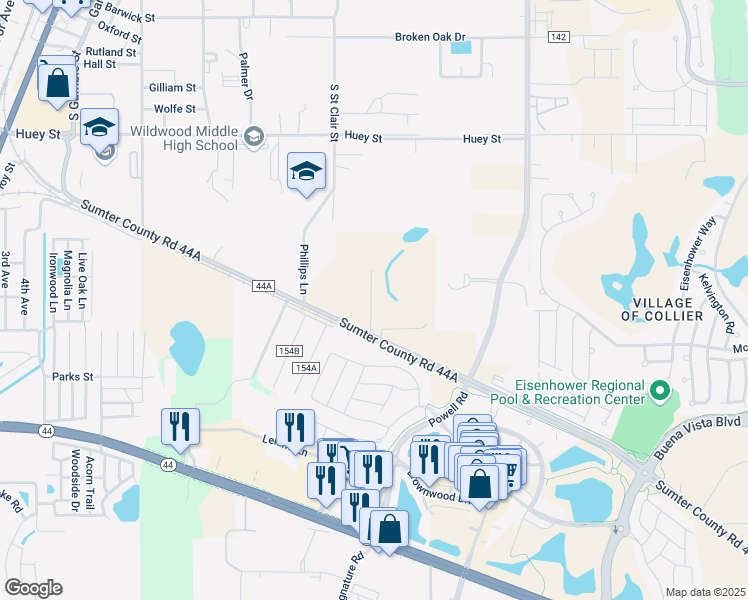map of restaurants, bars, coffee shops, grocery stores, and more near 3518 County Road 44A in Wildwood
