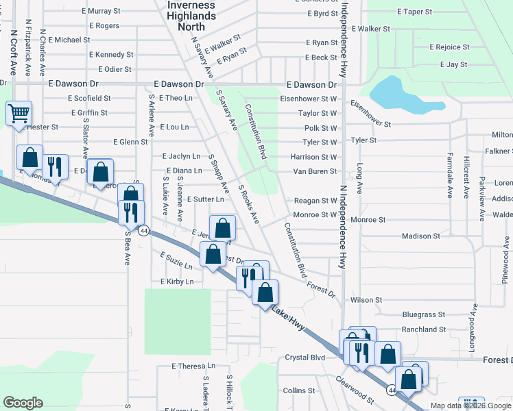 map of restaurants, bars, coffee shops, grocery stores, and more near 613 South Rooks Avenue in Inverness