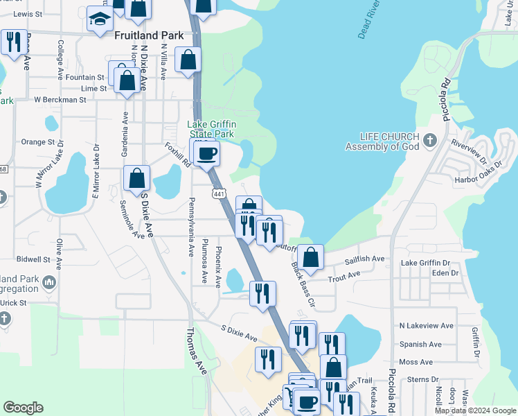 map of restaurants, bars, coffee shops, grocery stores, and more near 507 Hamlet Court in Fruitland Park