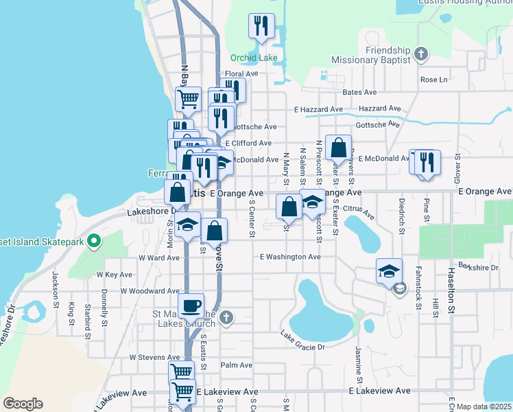 map of restaurants, bars, coffee shops, grocery stores, and more near 424 East Orange Avenue in Eustis