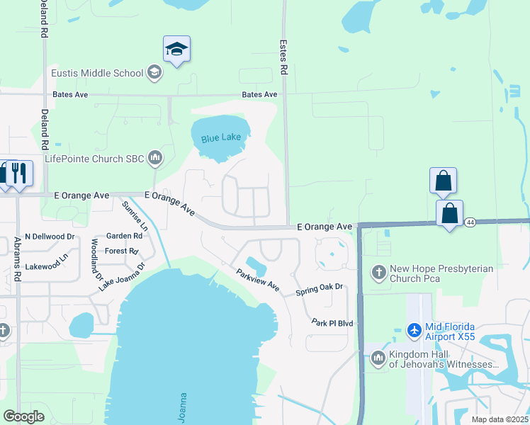 map of restaurants, bars, coffee shops, grocery stores, and more near 125 East Blue Water Edge Drive in Eustis