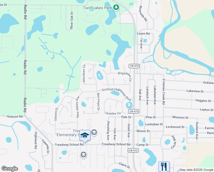 map of restaurants, bars, coffee shops, grocery stores, and more near 45 Brigadoon Circle in Leesburg