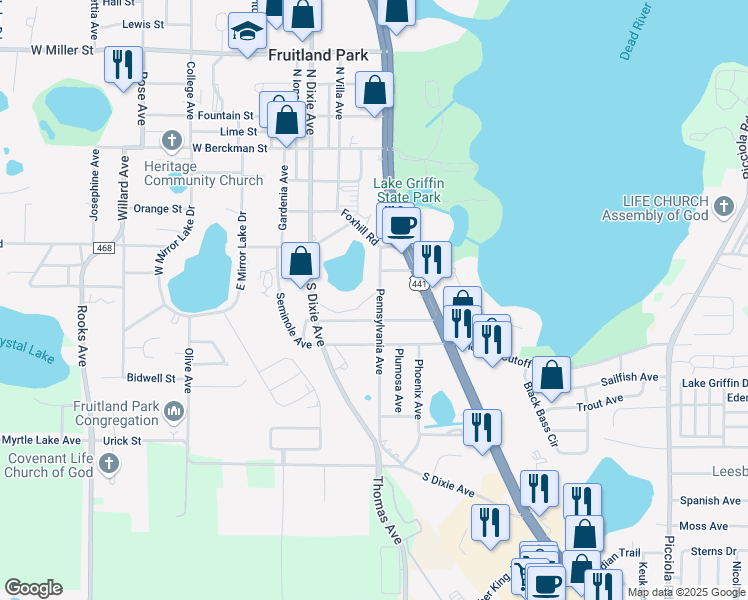 map of restaurants, bars, coffee shops, grocery stores, and more near 502 Pennsylvania Avenue in Fruitland Park