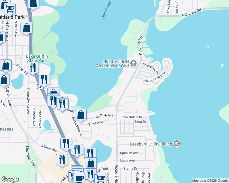 map of restaurants, bars, coffee shops, grocery stores, and more near 1310 Wood Duck Lane in Fruitland Park