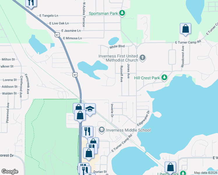 map of restaurants, bars, coffee shops, grocery stores, and more near 875 Stately Oaks Drive in Inverness