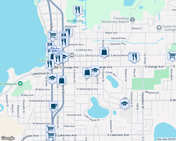 map of restaurants, bars, coffee shops, grocery stores, and more near 526 East Orange Avenue in Eustis