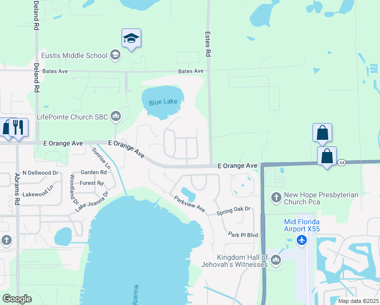 map of restaurants, bars, coffee shops, grocery stores, and more near 135 Blue Water Street in Eustis