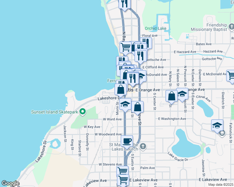 map of restaurants, bars, coffee shops, grocery stores, and more near 6 Sharps Circle in Eustis