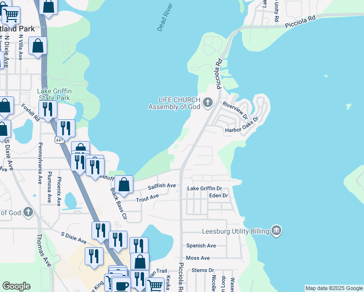 map of restaurants, bars, coffee shops, grocery stores, and more near 1310 Wood Duck Lane in Fruitland Park