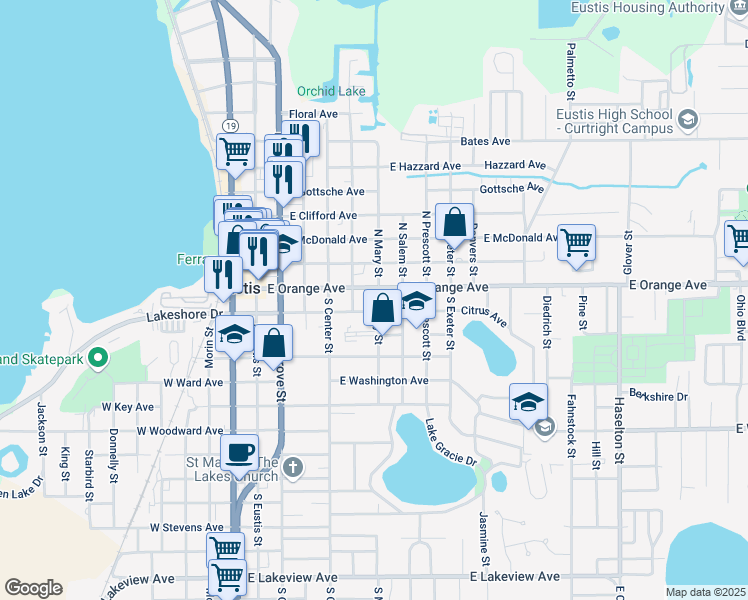 map of restaurants, bars, coffee shops, grocery stores, and more near 18 South Mary Street in Eustis