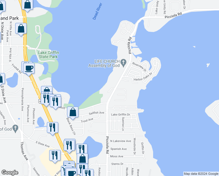 map of restaurants, bars, coffee shops, grocery stores, and more near 1310 Wood Duck Lane in Fruitland Park