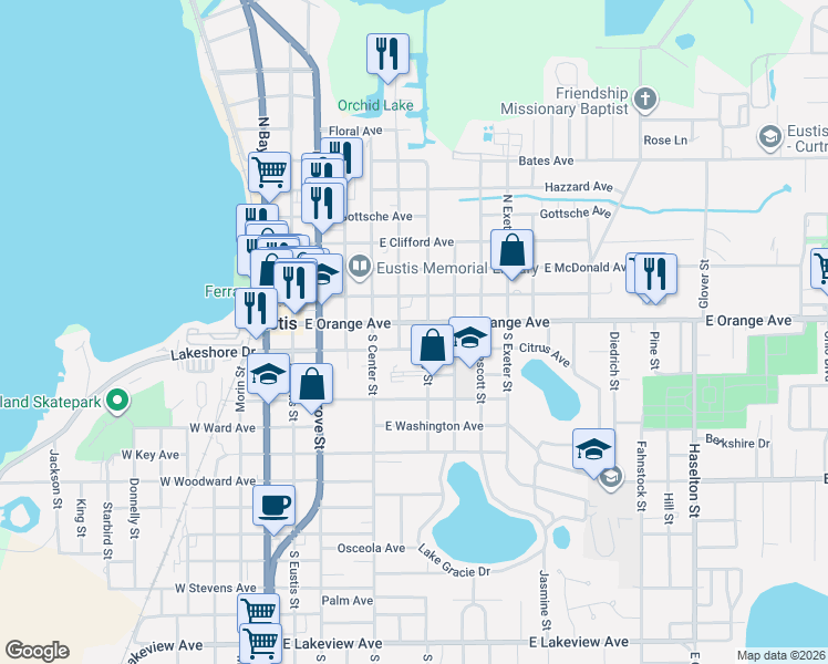 map of restaurants, bars, coffee shops, grocery stores, and more near 520 East Orange Avenue in Eustis
